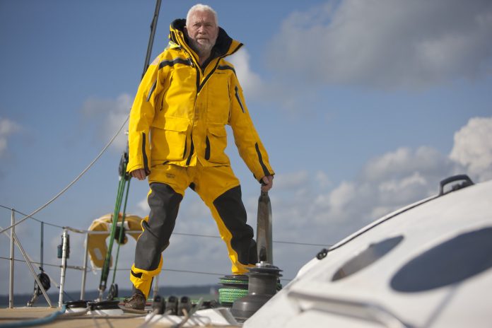 Sir Robin Knox-Johnston onboard his Open 60 yacht, Grey Power ahead of the start of the Route du Rhum.